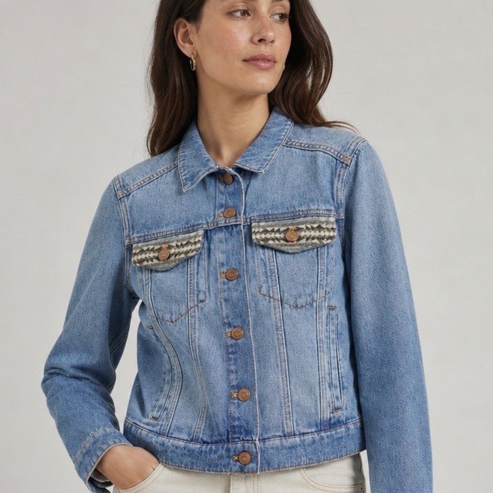Pendleton Women's Denim Jacket XS Blue Trucker Southwestern Virgin Wool Trim